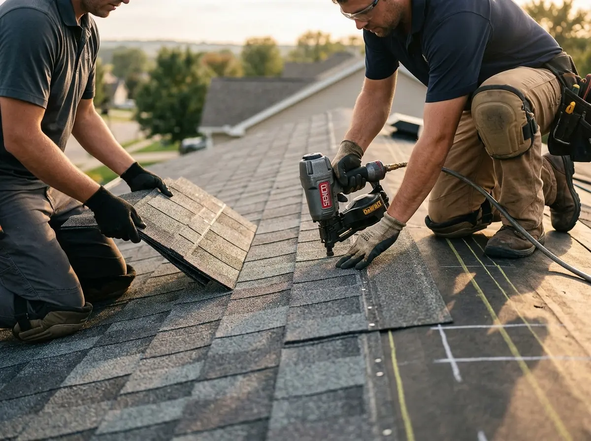 Professional roofer working on a residential roof in Barnstead